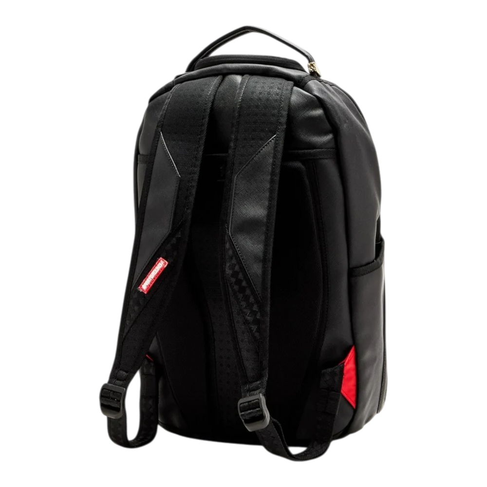 HypeSelection Sprayground Fly Knit Mouth DLXSV backpack in black with adjustable shoulder straps and red accents