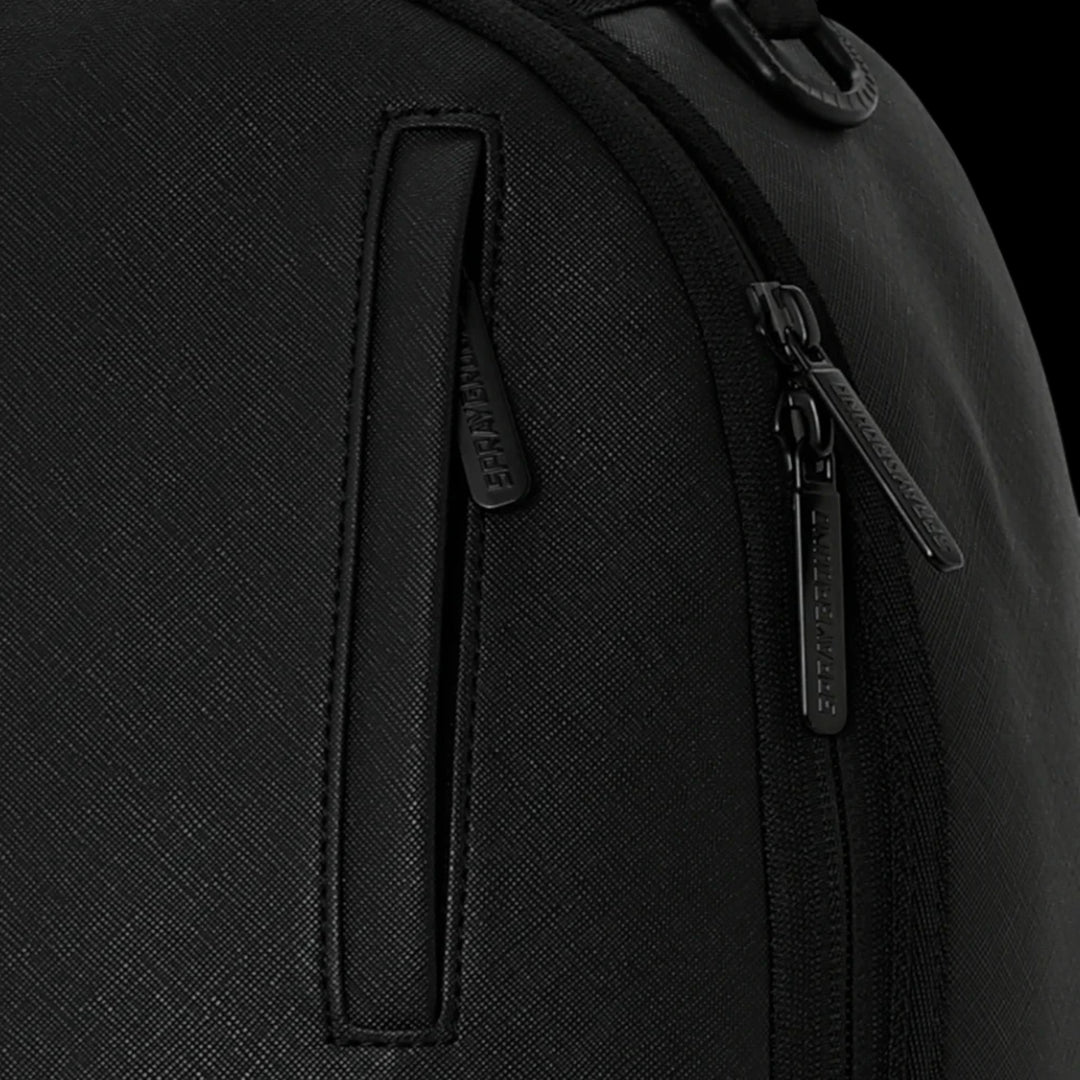 HypeSelection Sprayground black backpack featuring textured material and branded zipper pulls with vertical pocket
