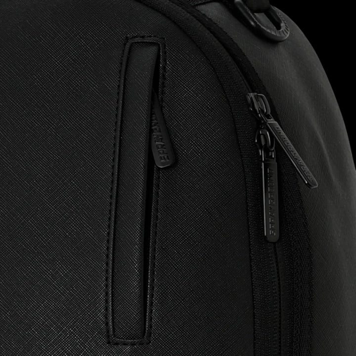 HypeSelection Sprayground black backpack featuring textured material and branded zipper pulls with vertical pocket