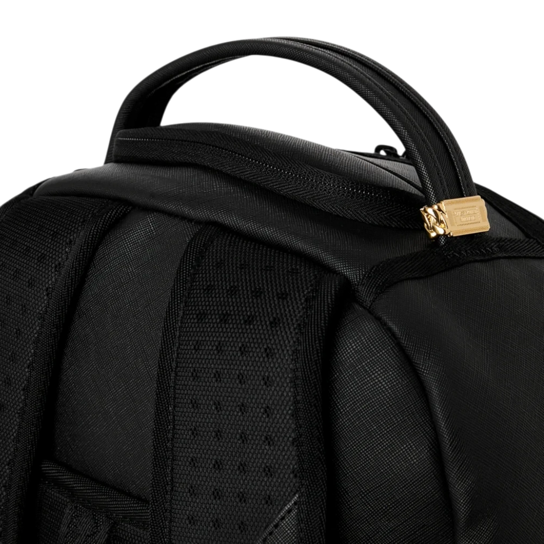 HypeSelection Sprayground Shark Central black backpack featuring a durable top handle and gold-tone zipper detail.