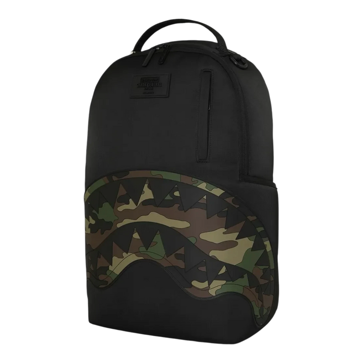 HypeSelection Sprayground black nylon backpack featuring a camo-embossed shark mouth design and top carry handle.