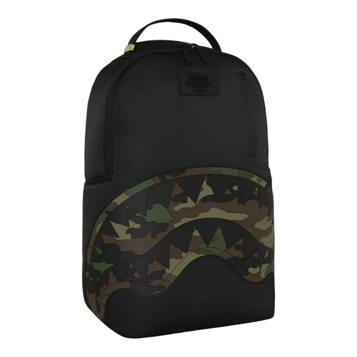 HypeSelection Sprayground black nylon backpack featuring an embossed camo shark mouth design for streetwear style.
