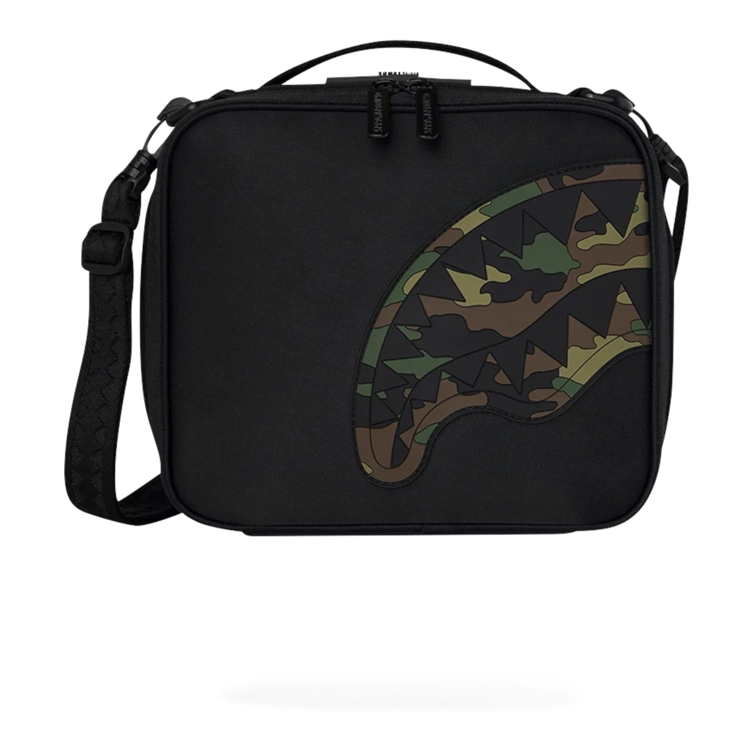 HypeSelection Sprayground black nylon snackpack featuring an embossed camo shark mouth graphic design