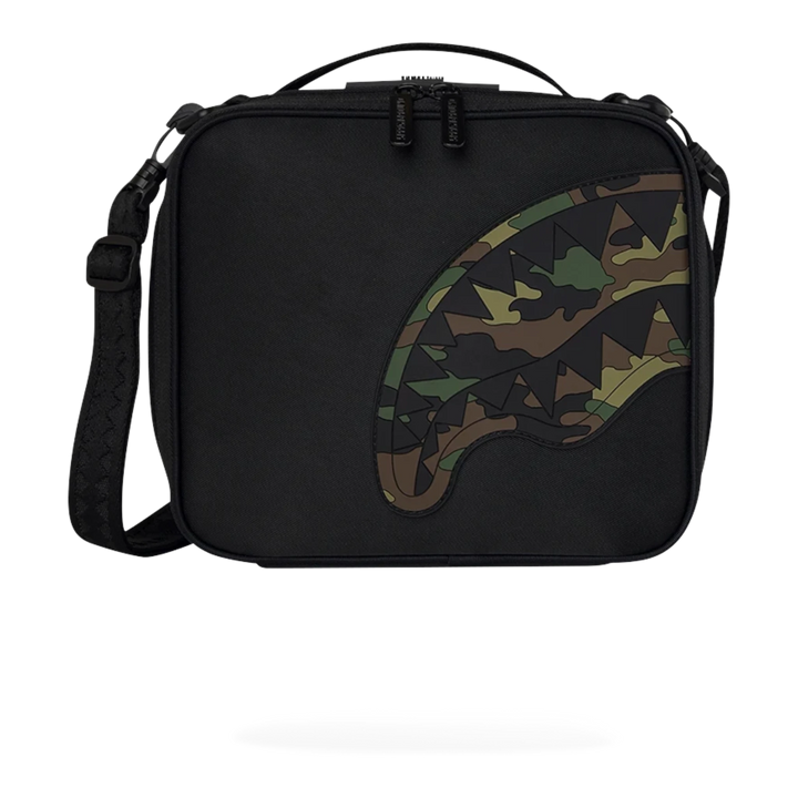 HypeSelection Sprayground black nylon snackpack featuring an embossed camo shark mouth graphic design