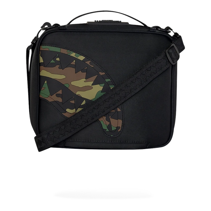 HypeSelection Sprayground black nylon snackpack with camo shark mouth graphic and adjustable shoulder strap