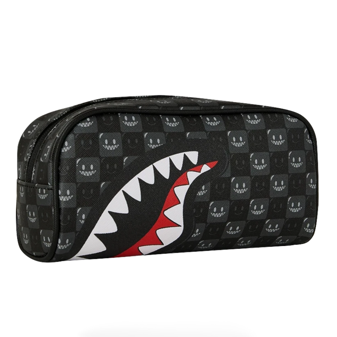 HypeSelection Sprayground black check pencil pouch featuring the iconic shark mouth graphic and bubbly face pattern