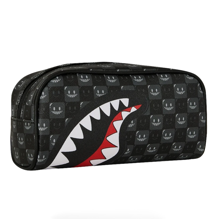 HypeSelection Sprayground black check pencil pouch featuring the iconic shark mouth graphic and bubbly face pattern