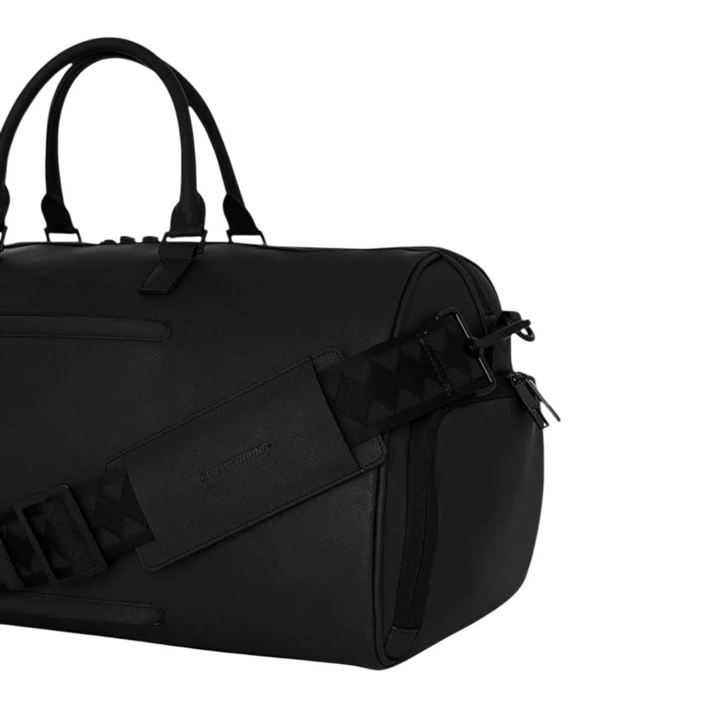 HypeSelection Sprayground black duffle bag with embossed sharkmouth design and adjustable shoulder strap