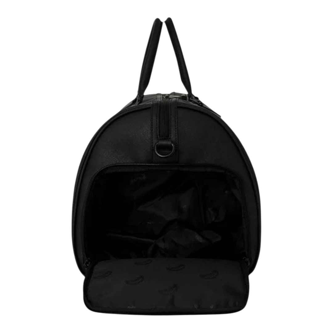 HypeSelection Sprayground black duffle bag with open side sneaker compartment and embossed shark mouth detail