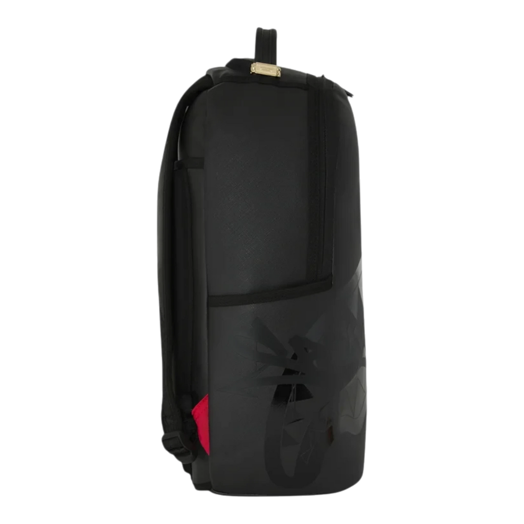HypeSelection Sprayground Lux Black Ghost Drip backpack in black with subtle graphic print and side profile view