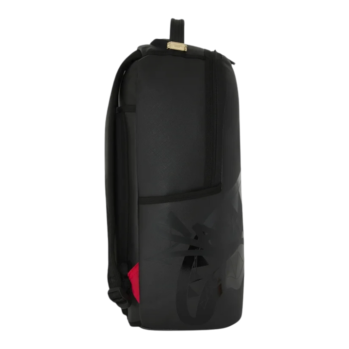 HypeSelection Sprayground Lux Black Ghost Drip backpack in black with subtle graphic print and side profile view