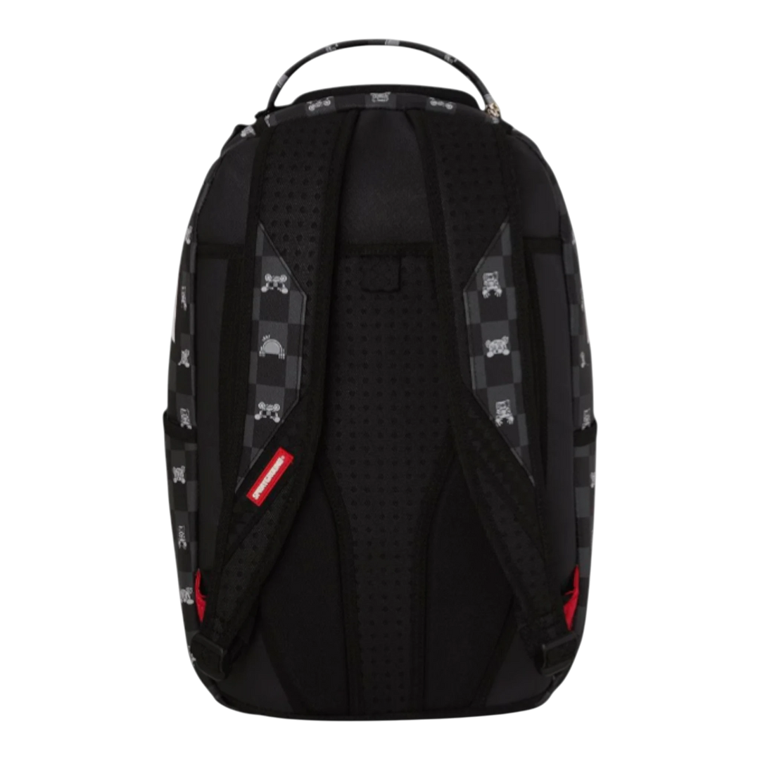 HypeSelection Sprayground black and grey checkered faux leather backpack with peeking character graphic, padded straps, and red accents.