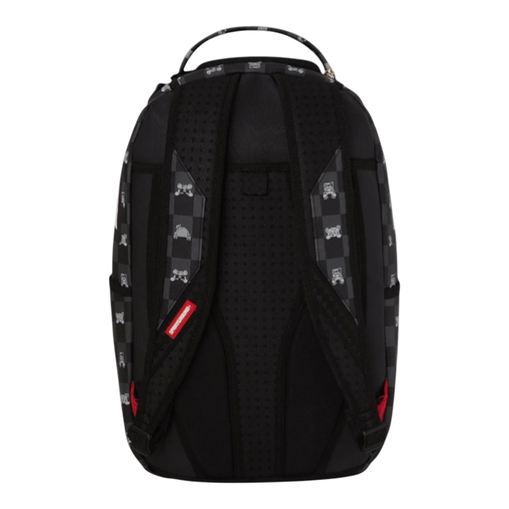 HypeSelection Sprayground black and grey checkered faux leather backpack with peeking character graphic, padded straps, and red accents.