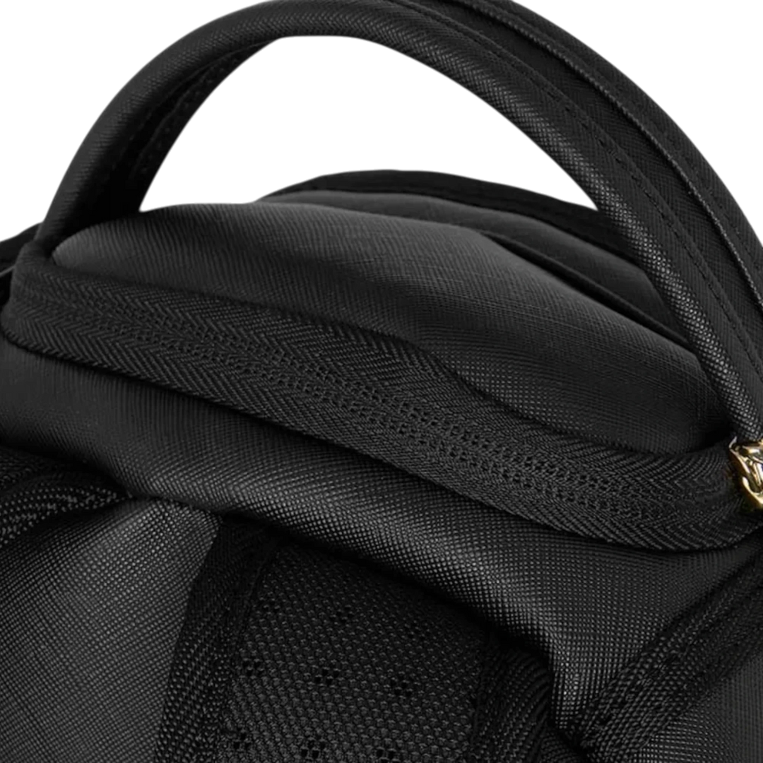 HypeSelection Sprayground Lux Black Ghost Drip Mini DLX backpack featuring durable black fabric and top carry handle