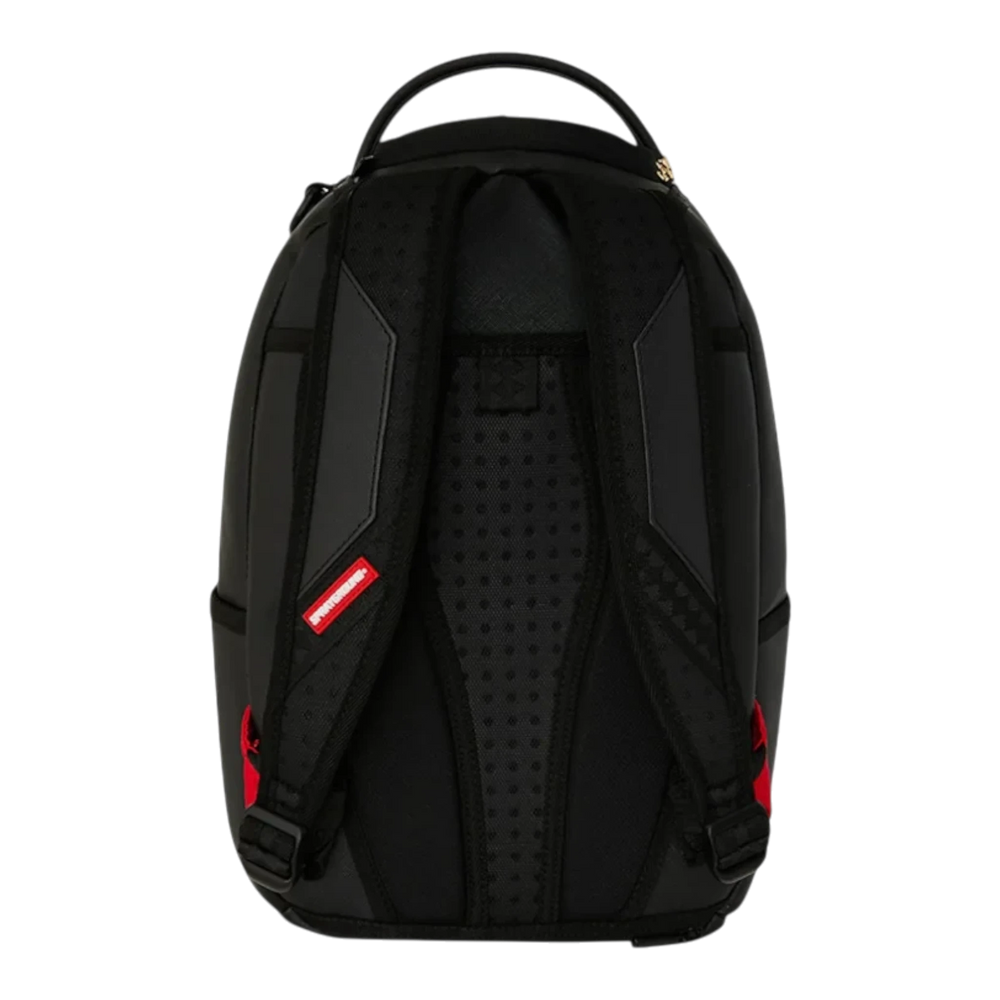 HypeSelection Sprayground Lux Black Ghost Drip Mini DLX backpack showing the black padded back panel and straps