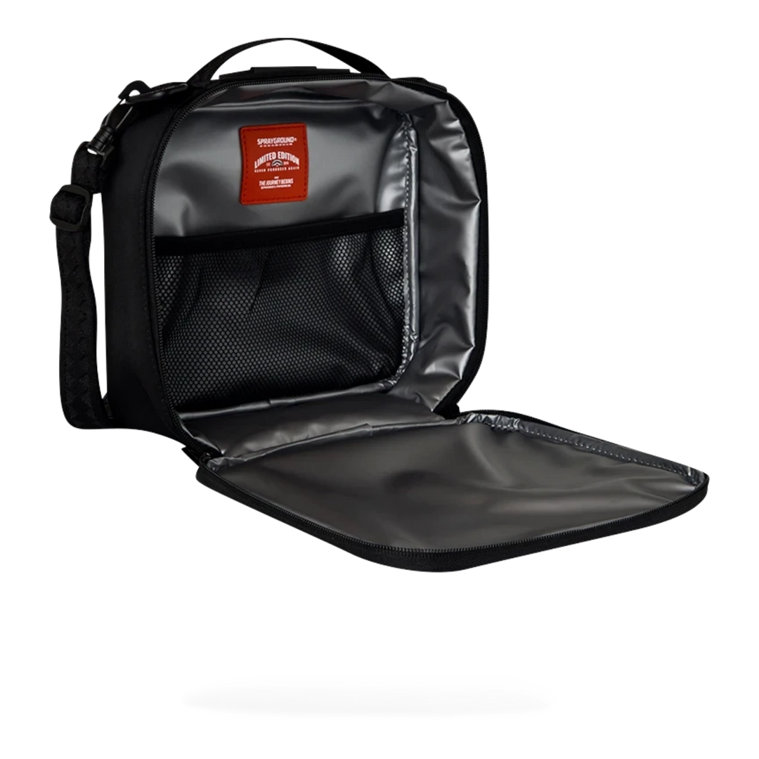 HypeSelection Sprayground Shark Central black nylon snackpack with open insulated interior and mesh pocket