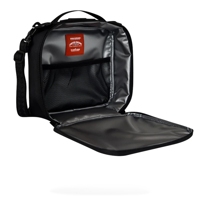 HypeSelection Sprayground Shark Central black nylon snackpack with open insulated interior and mesh pocket