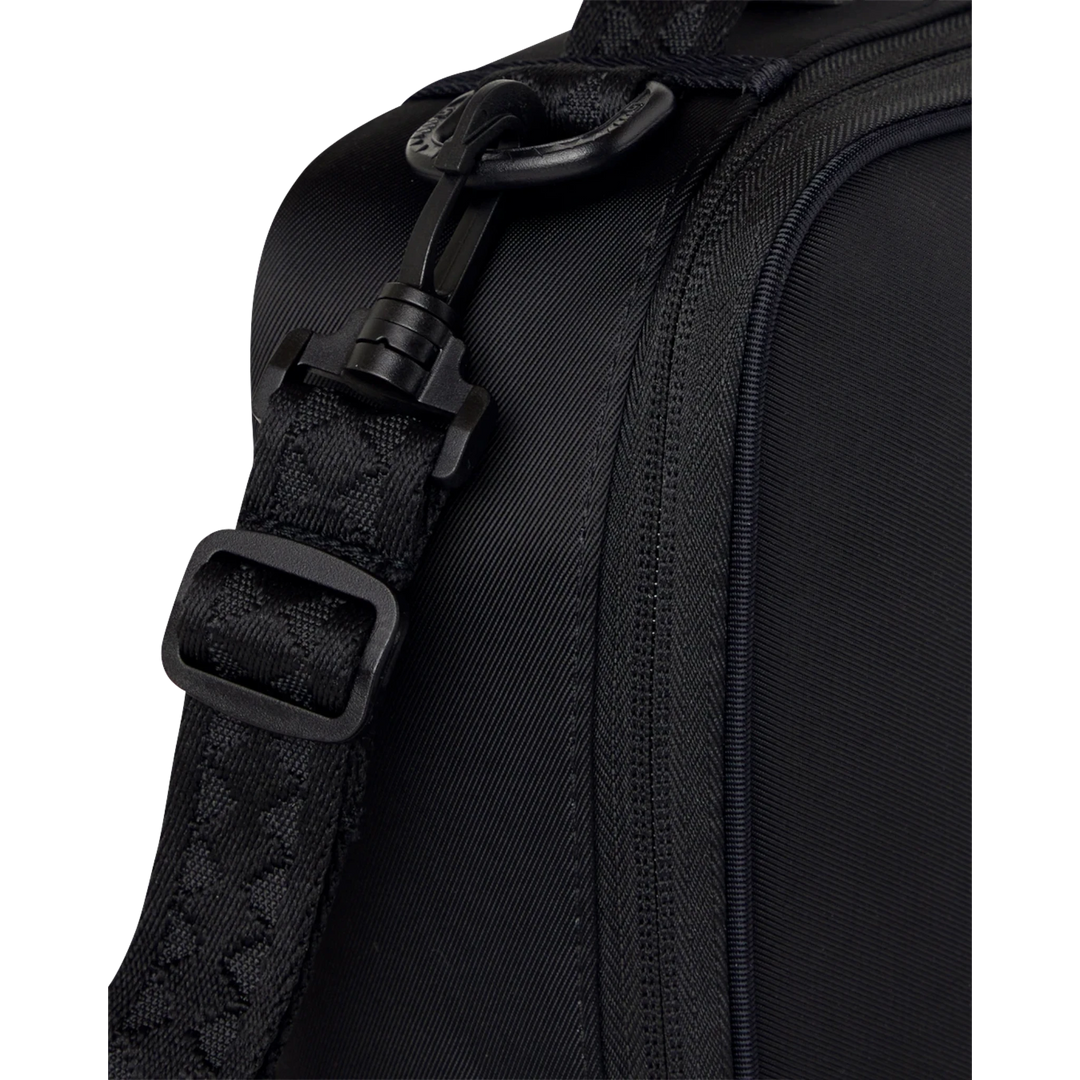 HypeSelection Sprayground black nylon snackpack featuring a durable adjustable strap and reinforced hardware