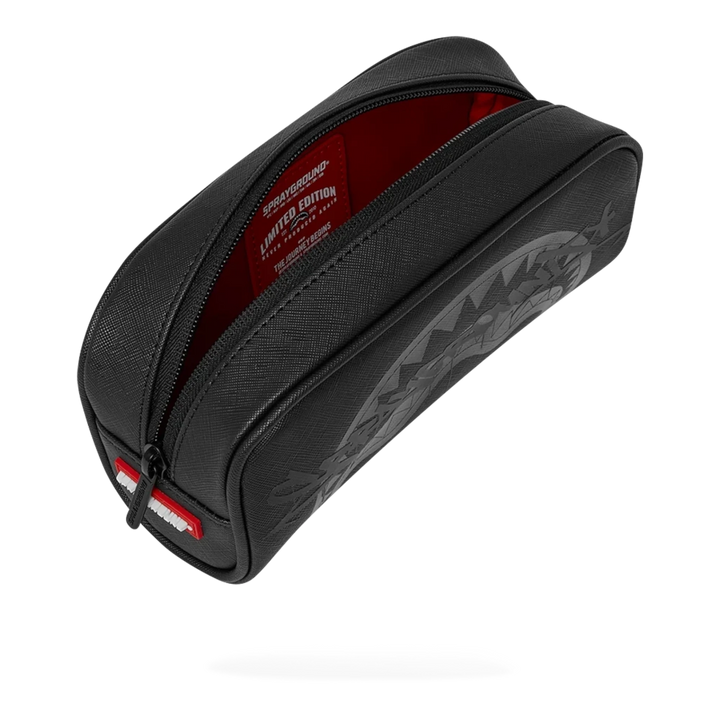 HypeSelection Sprayground Lux Black Ghost Drip pencil pouch with signature graphic and red interior lining