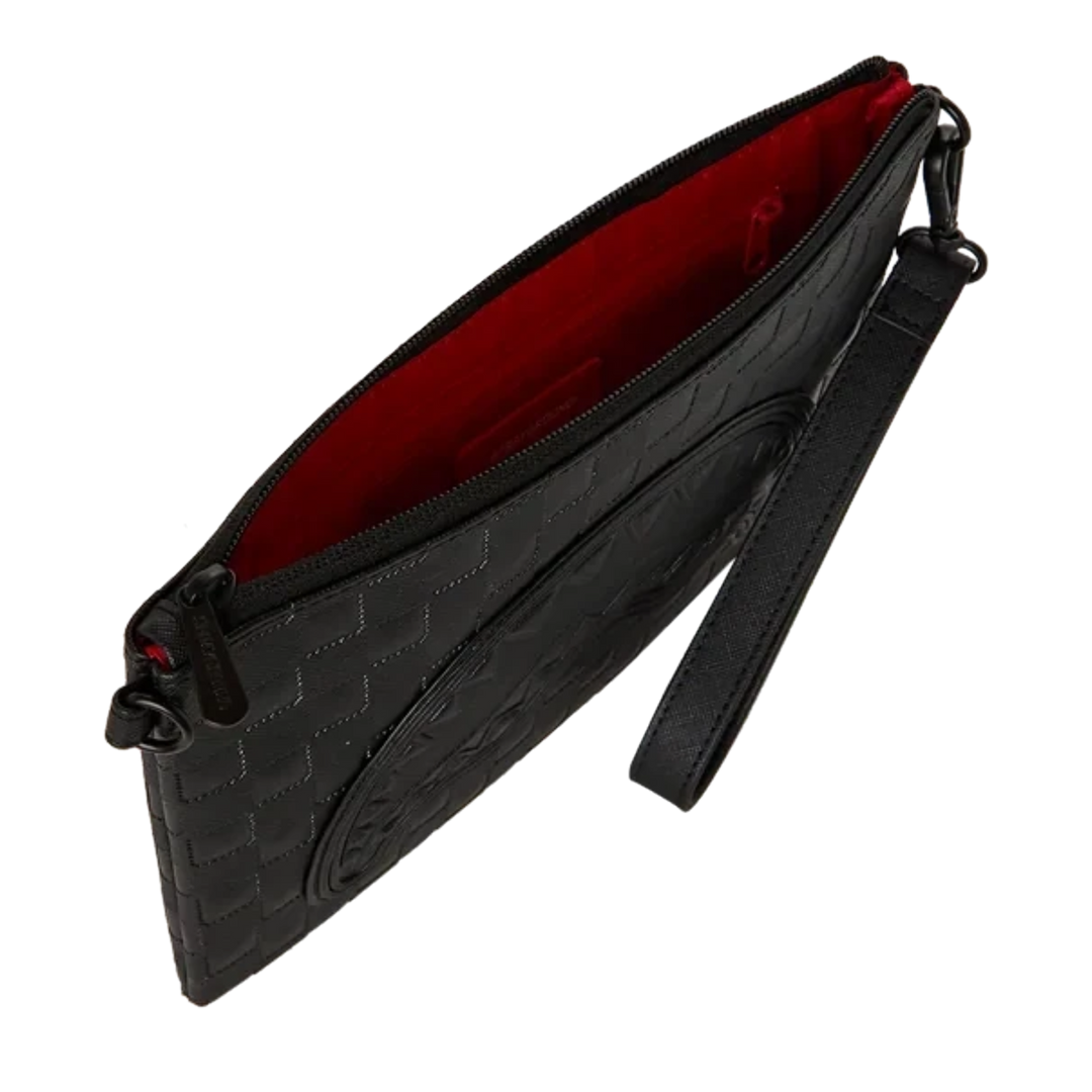 HypeSelection Sprayground Ghost Maison black quilted clutch with a vibrant red interior and wrist strap