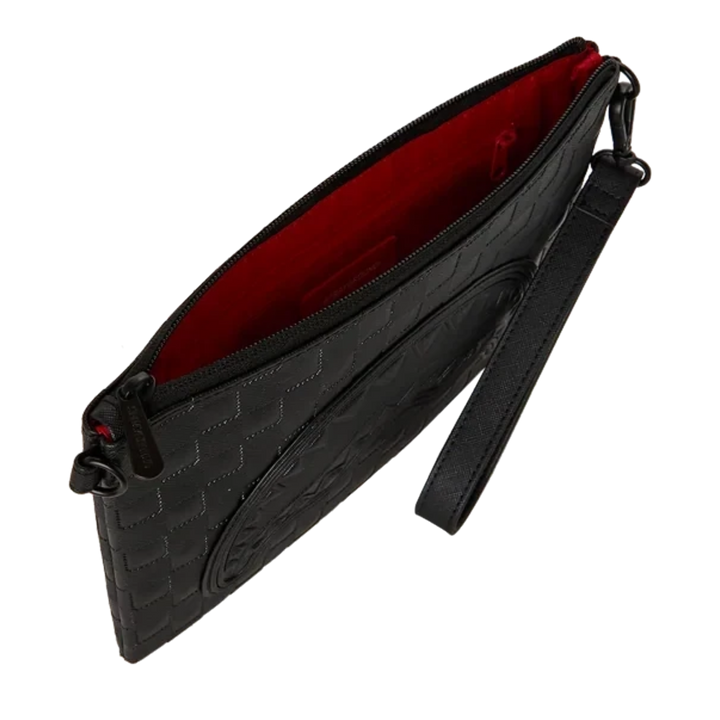 HypeSelection Sprayground Ghost Maison black quilted clutch with a vibrant red interior and wrist strap