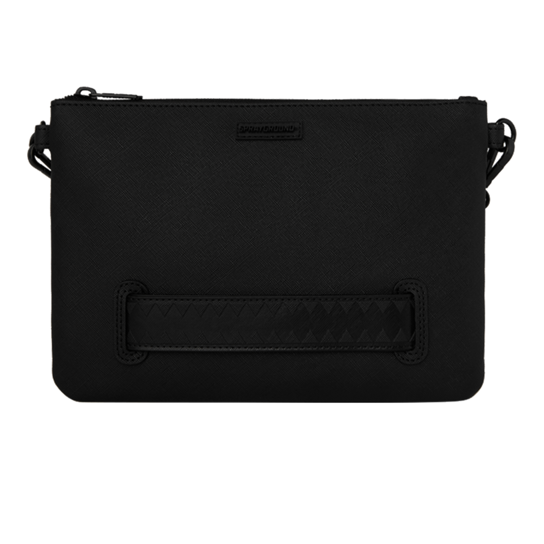 HypeSelection Sprayground black textured crossover clutch with signature shark tooth detail and zip closure.