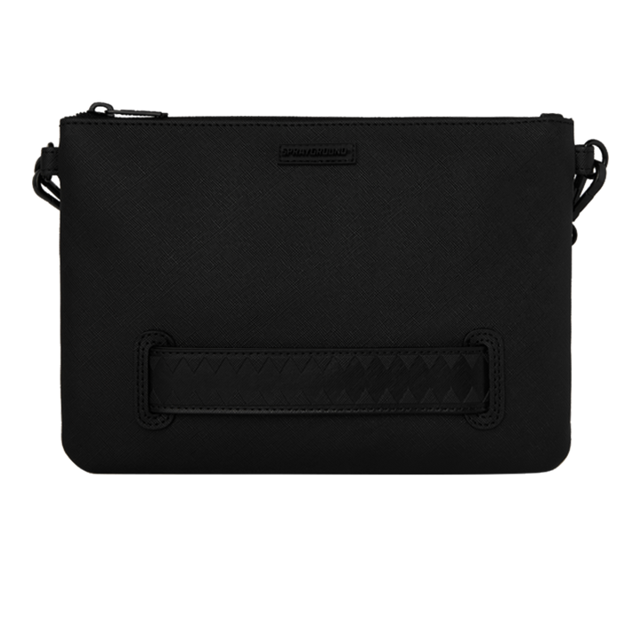 HypeSelection Sprayground black textured crossover clutch with signature shark tooth detail and zip closure.