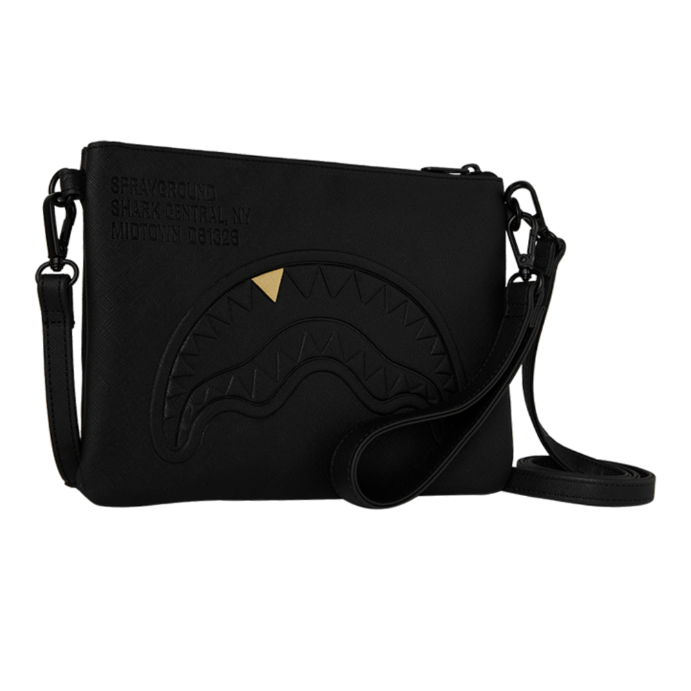 HypeSelection Sprayground black crossover clutch with embossed shark mouth graphic and gold tooth detail