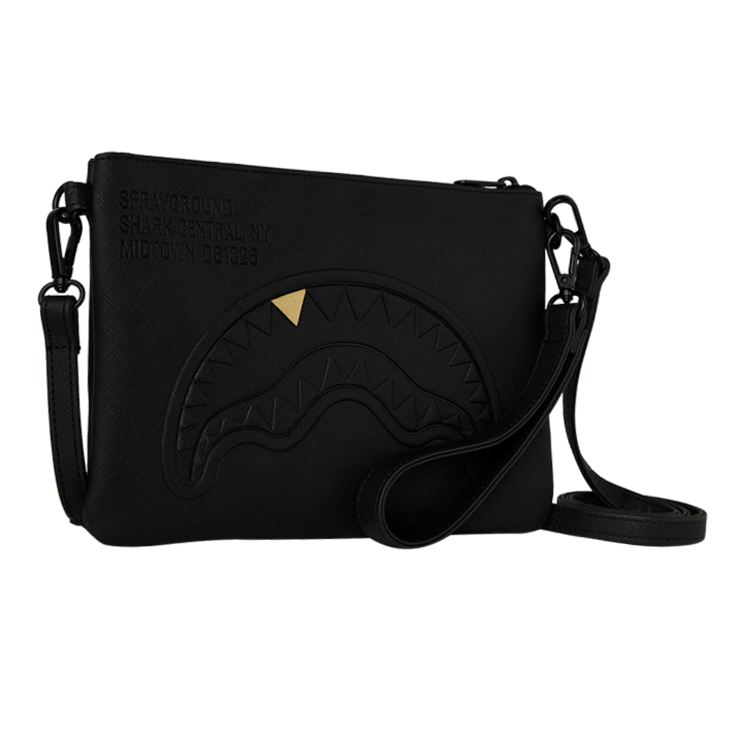 HypeSelection Sprayground black crossover clutch with embossed shark mouth graphic and gold tooth detail
