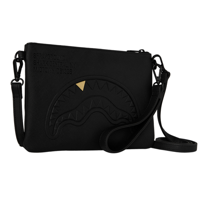 HypeSelection Sprayground black crossover clutch with embossed shark mouth graphic and gold tooth detail