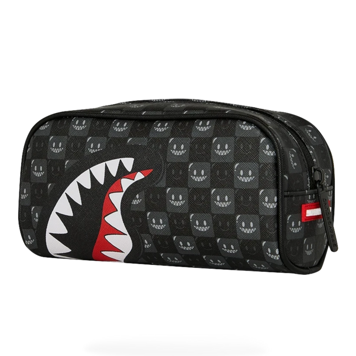 HypeSelection Sprayground black check pencil pouch with signature shark mouth graphic and bubbly face pattern