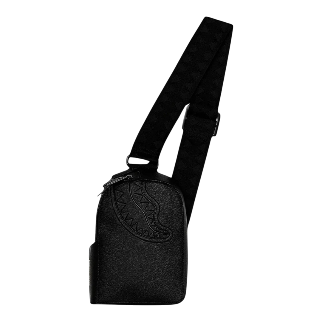 HypeSelection Sprayground black synthetic leather sling bag with embossed shark mouth motif and adjustable strap