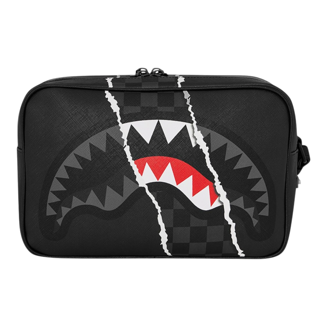 HypeSelection Sprayground black toiletry bag featuring a signature graphic shark mouth design with a rip reveal effect.