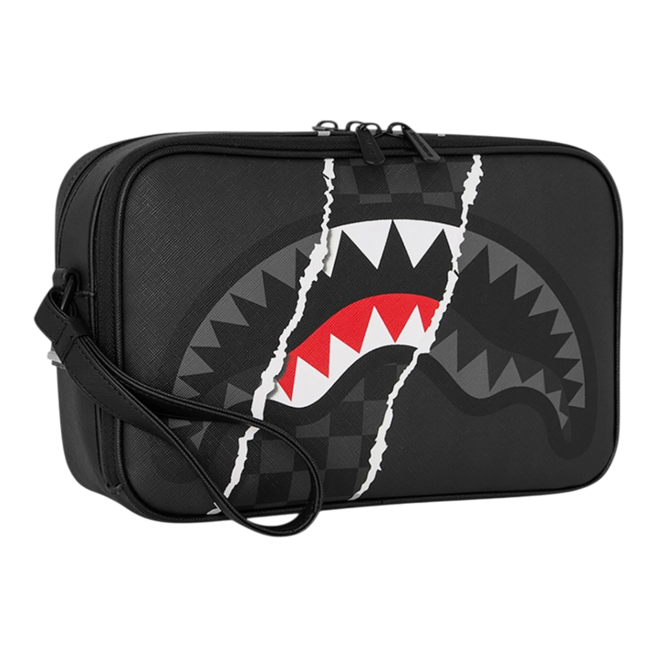 HypeSelection Sprayground black toiletry bag with signature shark mouth graphic and white rip reveal detail