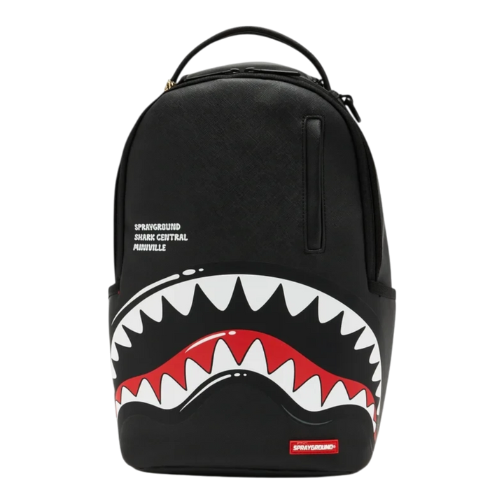 HypeSelection Sprayground black mini backpack featuring a bold white and red toon shark mouth graphic design.