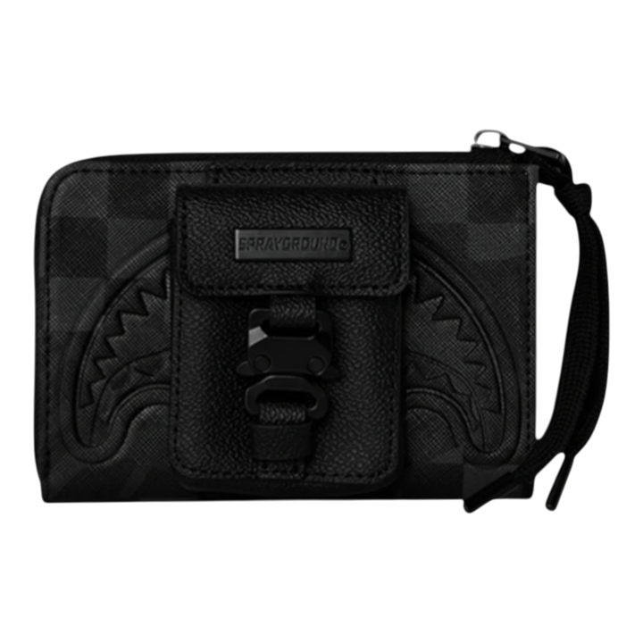 HypeSelection Sprayground black bi-fold wallet with shark teeth graphic and buckle closure. Durable synthetic material.