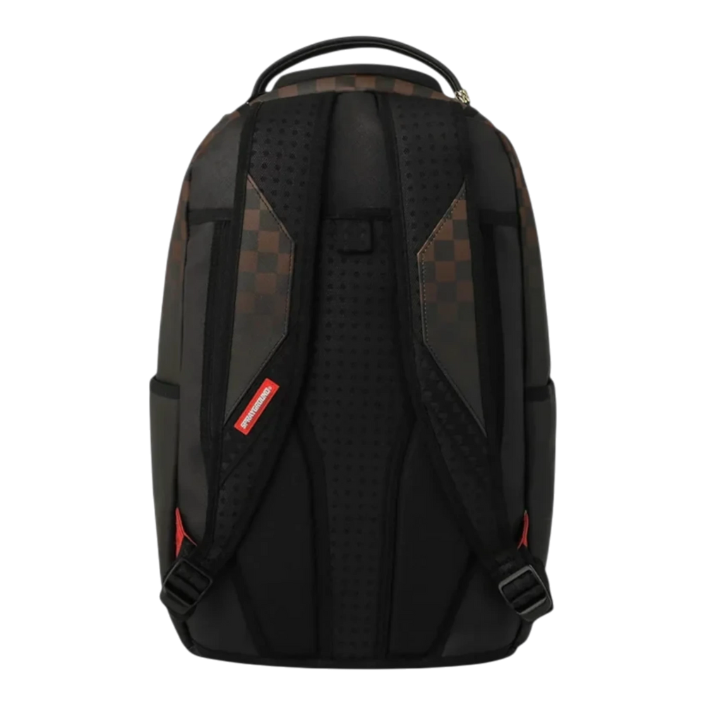 HypeSelection Sprayground brown check backpack with black padded straps and back panel, rear view