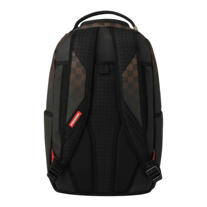 HypeSelection Sprayground brown check backpack with black padded straps and back panel, rear view