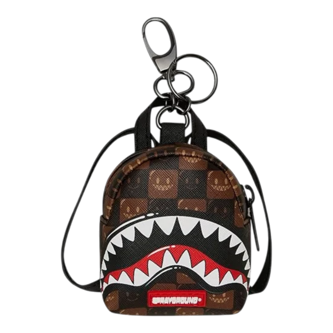HypeSelection Sprayground brown check backpack keychain featuring the iconic shark mouth graphic and metal hardware.