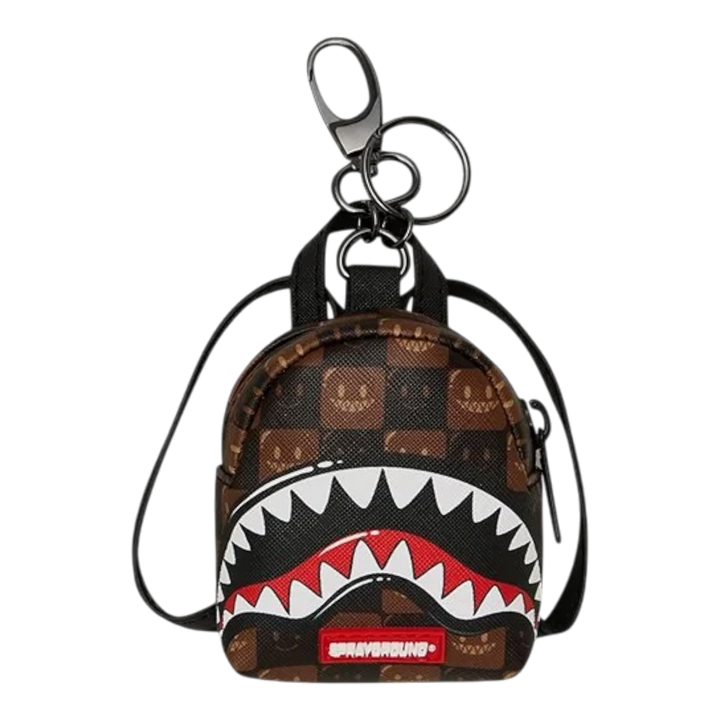 HypeSelection Sprayground brown check backpack keychain featuring the iconic shark mouth graphic and metal hardware.