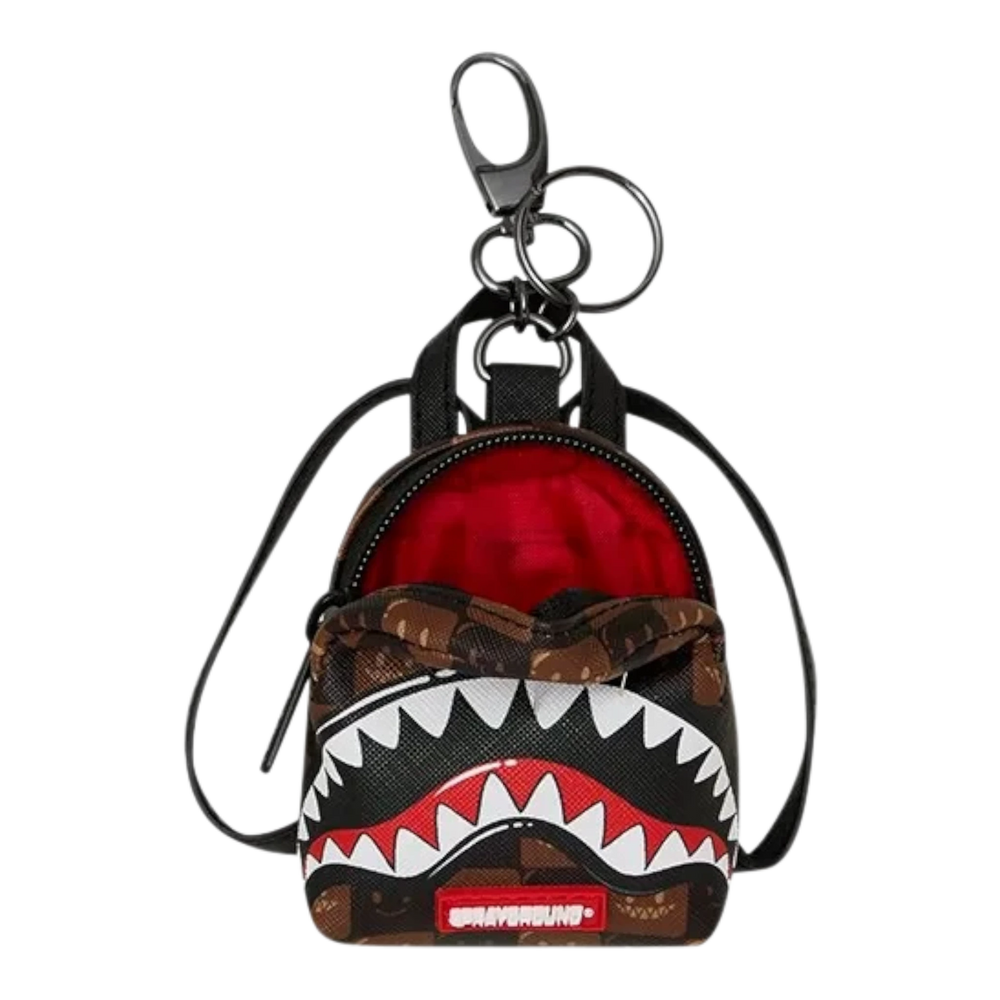 HypeSelection Sprayground Sharks In Paris brown check mini backpack keychain with iconic shark mouth graphic