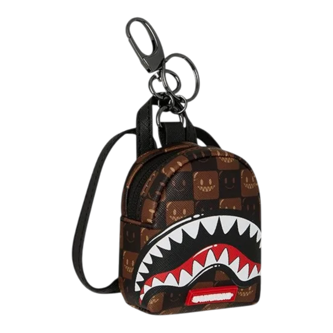 HypeSelection Sprayground Sharks In Paris brown check backpack keychain with signature shark mouth graphic