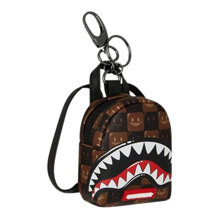 HypeSelection Sprayground Sharks In Paris brown check backpack keychain with signature shark mouth graphic