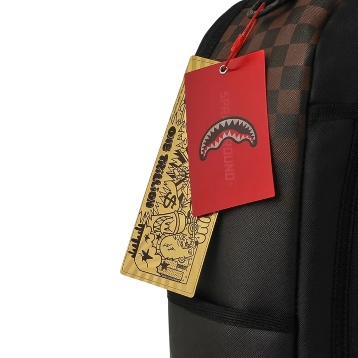 HypeSelection Sprayground brown check backpack with red shark mouth and gold graphic hang tags