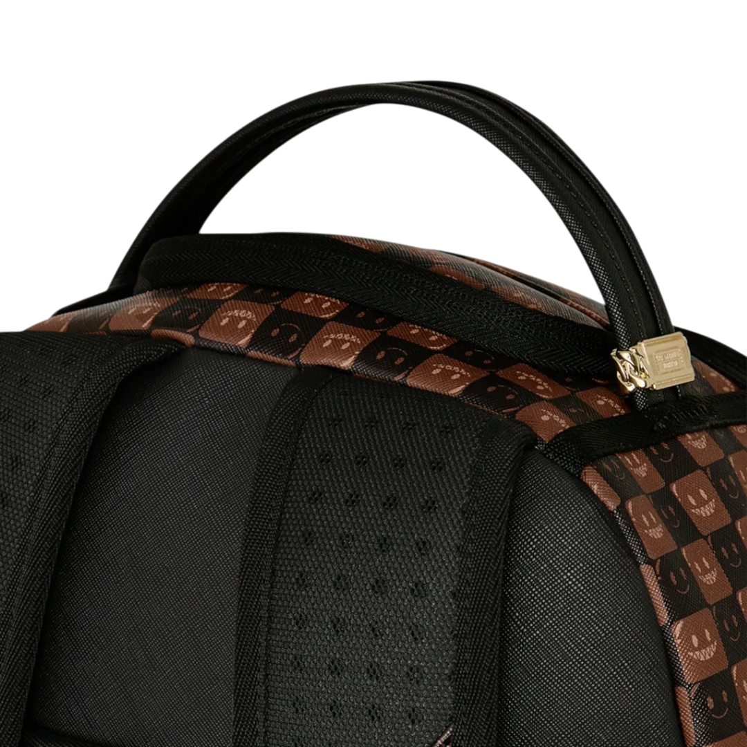 HypeSelection Sprayground Sharks In Paris brown check backpack with black straps and top handle detail