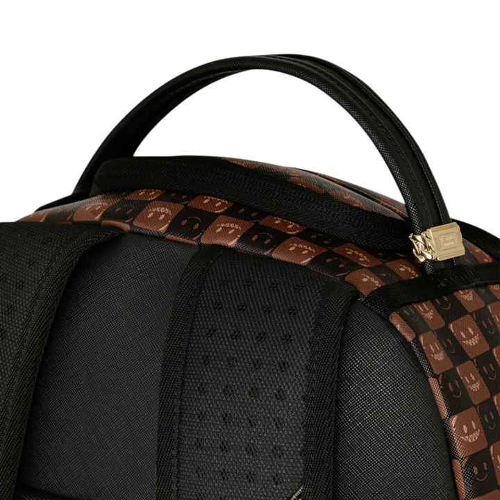 HypeSelection Sprayground Sharks In Paris brown check backpack with black straps and top handle detail