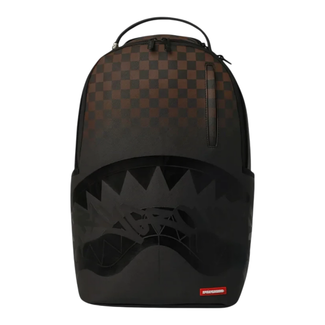 HypeSelection Sprayground Brown Check Ghost Drip DLXSV backpack with signature graphic shark mouth design