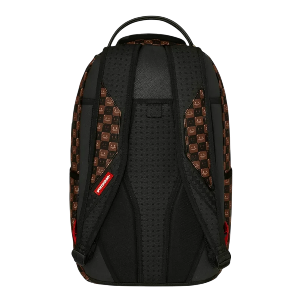 HypeSelection Sprayground Sharks In Paris brown check backpack showing the padded black back panel and shoulder straps