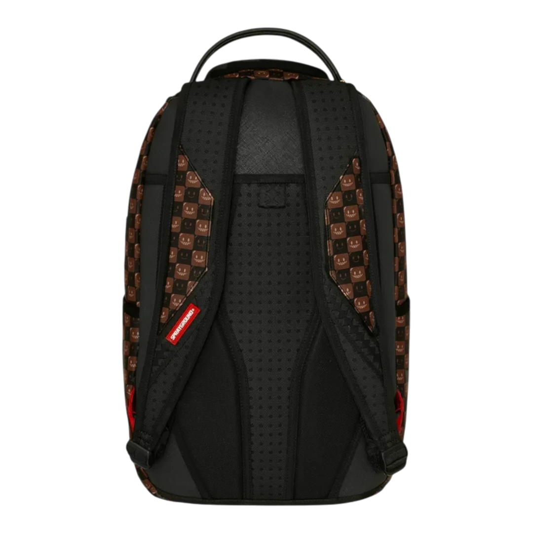 HypeSelection Sprayground Sharks In Paris brown check backpack showing the padded black back panel and shoulder straps