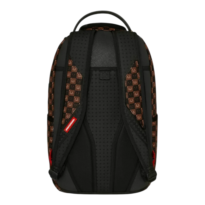 HypeSelection Sprayground Sharks In Paris brown check backpack showing the padded black back panel and shoulder straps